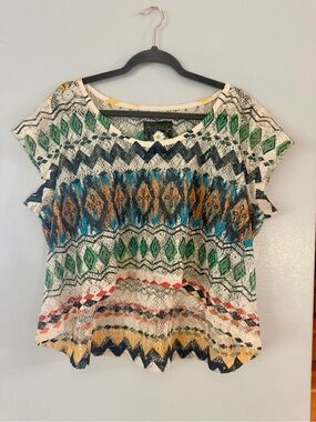 JET SET Bohemian Aztec Tribal Print High-Low Knit Lace Top - Size XL